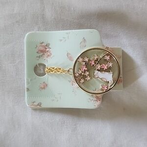 Gold Cat and Pink Cherry Blossom Necklace For Women